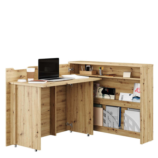 Bureau multifonctionnel en bois, extension à gauche, avec étagères et étagères, Work Concept CW01L, Chêne artisanal, l115xH27-136XH93 cm