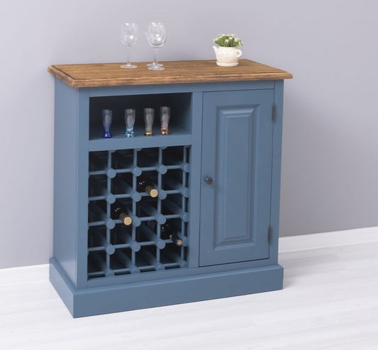 Armoire en bois de sapin, avec 1 porte et porte-bouteille, Pasy PS579, P051 / P064 peint en bleu, L90XA41XH90 CM