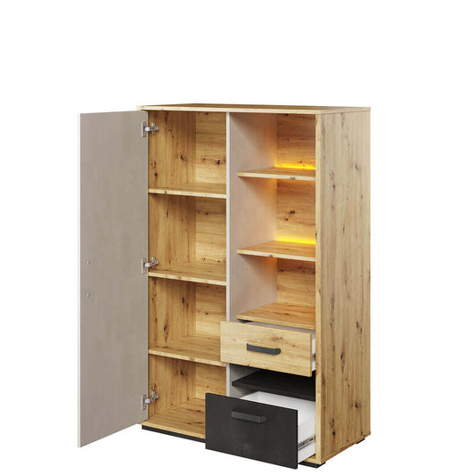 Armoire en bois clair, avec 1 porte, 2 tiroirs et LED incluses, pour enfants et jeunes, Qubic 05, Chêne Artisan / Noir / Gris, L90xW42xH138 cm