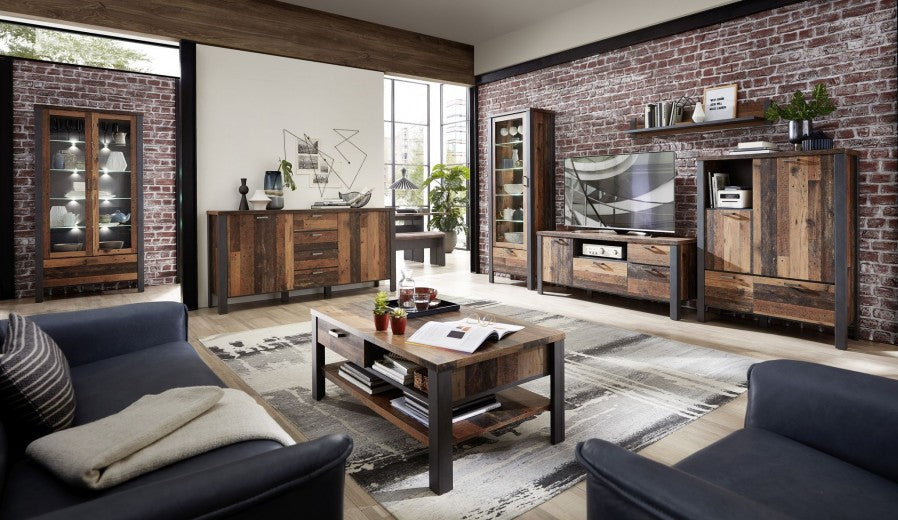 Table basse en châtaignier et MDF, avec 2 tiroirs Chelsea Naturel / Graphite, L110xl65xH45 cm