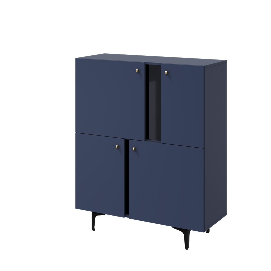 Armoire 4 portes en bois clair, Coloris CS 01, Bleu marine mat / Noir, L105xl41xH127 cm