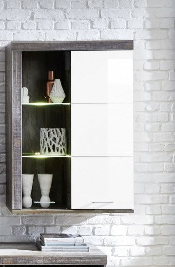 Vitrine suspendue en aggloméré et MDF, avec 2 portes Krone Blanc / Natural, l87xA38xH123 cm