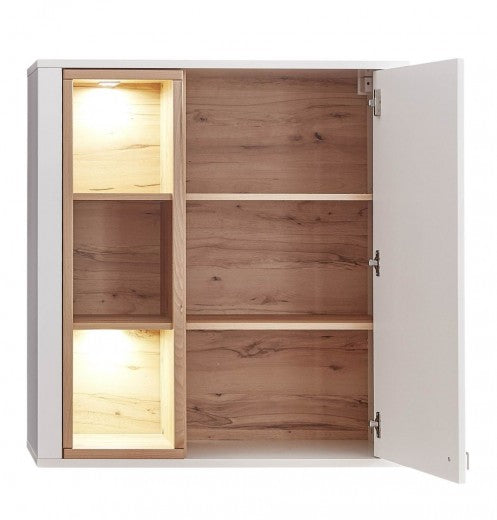 Meuble suspendu en bois et MDF avec 1 porte, Selina Blanc / Naturel, l92xA41xH101 cm