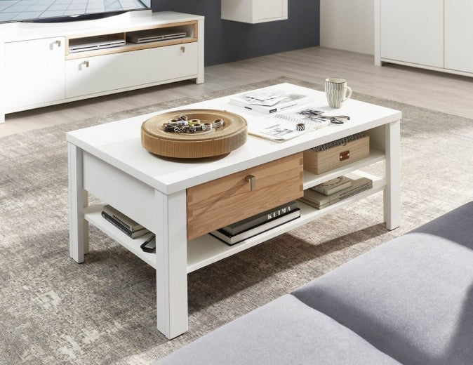 Table basse avec 2 tiroirs, en bois et MDF Selina Blanc / Naturel, L110xl65xH45 cm