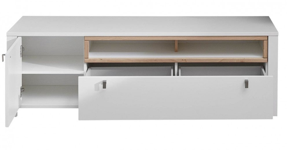 Commode en bois et MDF avec 1 tiroir et 1 porte, Selina Blanc / Naturel, l162xA47xH51 cm