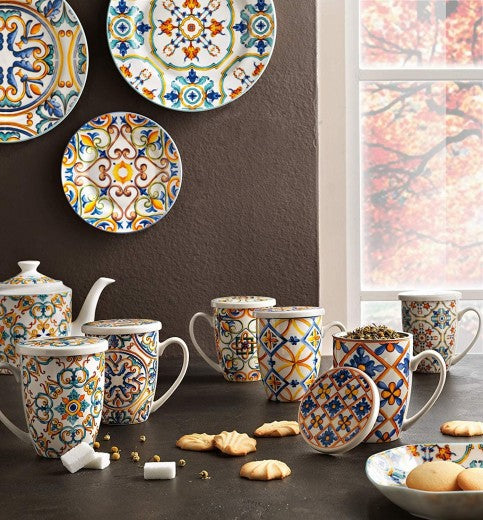 Tasse avec couvercle et infuseur, en porcelaine et acier inoxydable, Medicea Rings Multicolor, 350 ml