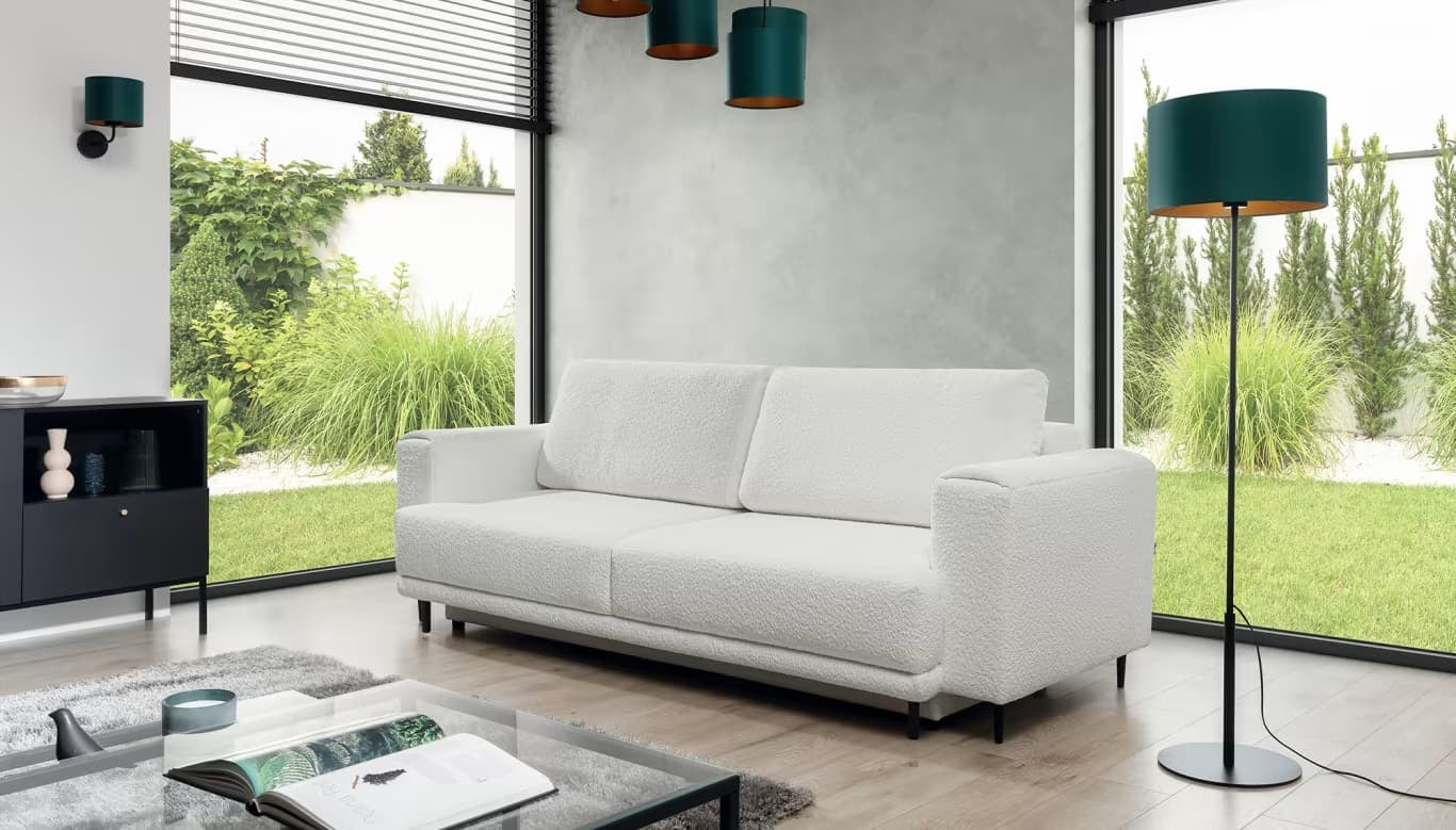 Canapea Extensibila, 3 Locuri, Lada de Depozitare, tapitata cu stofa boucle, Dalis Alb, l260xA95xH90 cm (1)