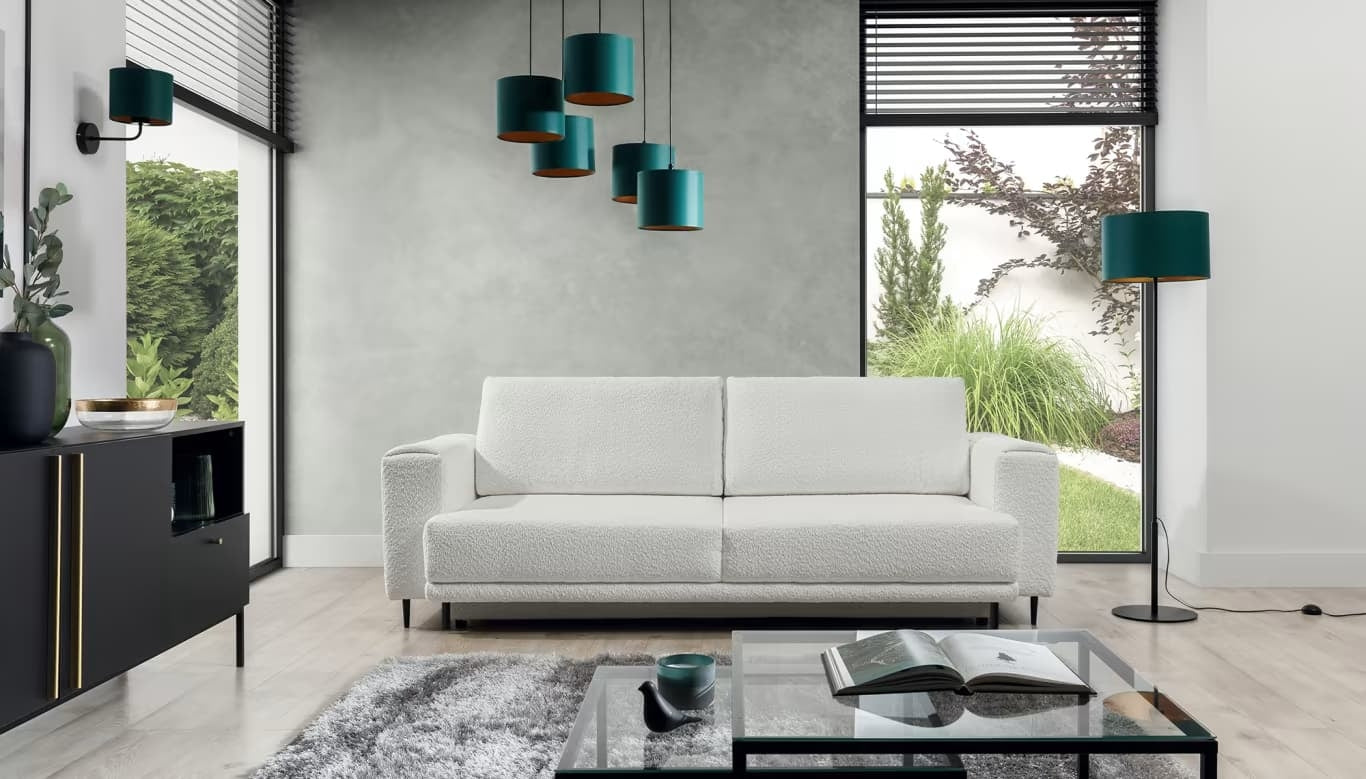 Canapea Extensibila, 3 Locuri, Lada de Depozitare, tapitata cu stofa boucle, Dalis Alb, l260xA95xH90 cm