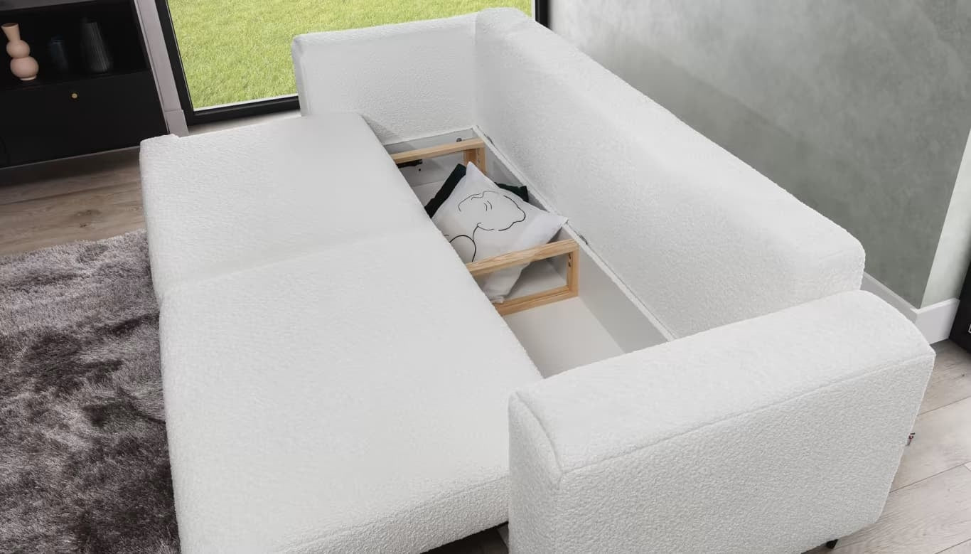 Canapea Extensibila, 3 Locuri, Lada de Depozitare, tapitata cu stofa boucle, Dalis Alb, l260xA95xH90 cm (2)