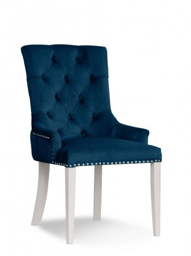 Chaise rembourrée avec tissu et pieds en bois Velours August Bleu / Blanc, l59xA70xH96 cm