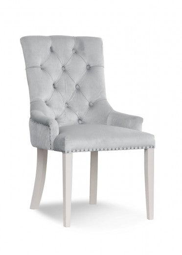 Chaise rembourrée avec tissu et pieds en bois Velours August Argent / Blanc, l59xA70xH96 cm
