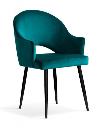 Chaise rembourrée tissu et pieds métal Goda Velours Turquoise / Noir, l54xA58xH87 cm