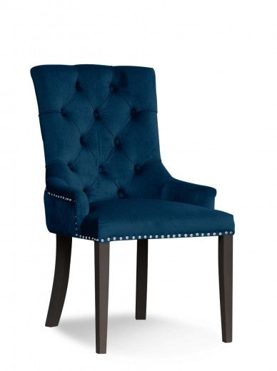 Chaise rembourrée avec tissu et pieds en bois August Velvet Navy / Noir, l59xA70xH96 cm