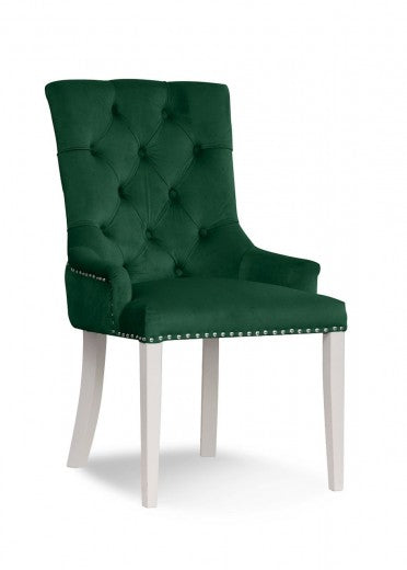 Chaise rembourrée avec tissu et pieds en bois Velours August Vert / Blanc, l59xA70xH96 cm