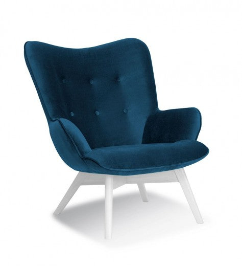 Fauteuil fixe tapissé de tissu, avec pieds en bois Chérubin Bleu Marine / Blanc, l79xA91xH93 cm