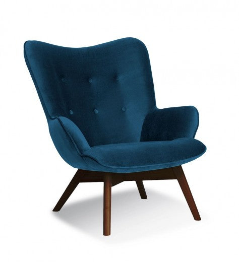 Fauteuil fixe tapissé de tissu, avec pieds en bois Chérubin Bleu Marine / Noyer, l79xA91xH93 cm