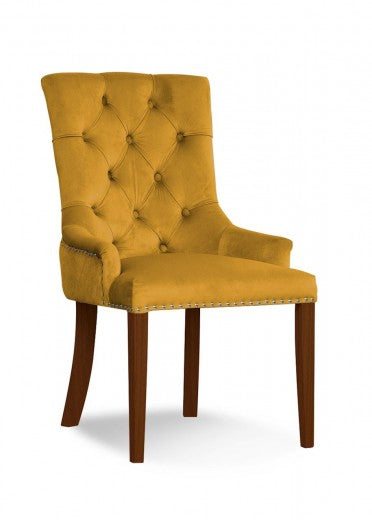 Chaise rembourrée tissu et pieds bois August Velvet Moutarde / Noyer, l59xA70xH96 cm