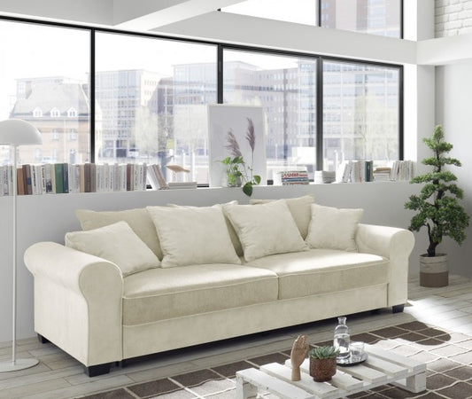 Canapé extensible avec coffre de rangement, capitonné en tissu, 3 places, Aurelis Crème, l247xA115xH95 cm