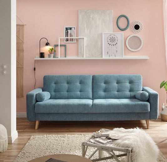 Canapé extensible avec coffre de rangement, recouvert de tissu, 3 places, Ford Bleu, l222xA90xH86 cm