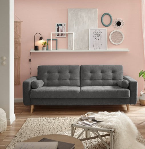 Canapé extensible avec coffre de rangement, capitonné en tissu, 3 places, Ford Gris Dark, l222xA90xH86 cm