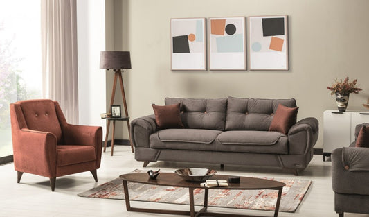 Canapé extensible avec coffre de rangement, rembourré en tissu et cuir écologique, 3 places Marla Gris K1, l254xA96xH85 cm