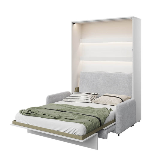 Ensemble Canapé Fixe, BC18/ BC19 Gris Clair + Lit escamotable au mur avec tête de lit rembourrée Bed Concept Vertical, Blanc Mat