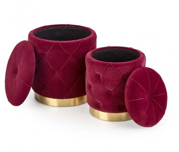 Lot de 2 tabourets rembourrés avec tissu et espace de rangement Polly Bordeaux, Ø40xH44 / Ø33xH38 cm