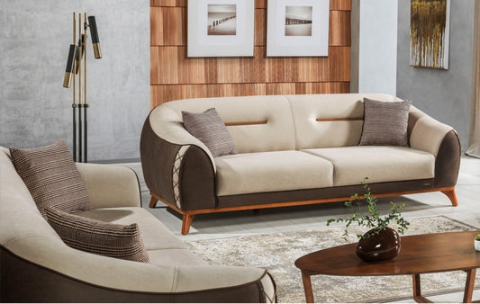 Canapé rembourré avec tissu, 3 places, avec fonction sommeil pour 1 personne Berlin Crème / Marron K1, l242xA106xH85 cm