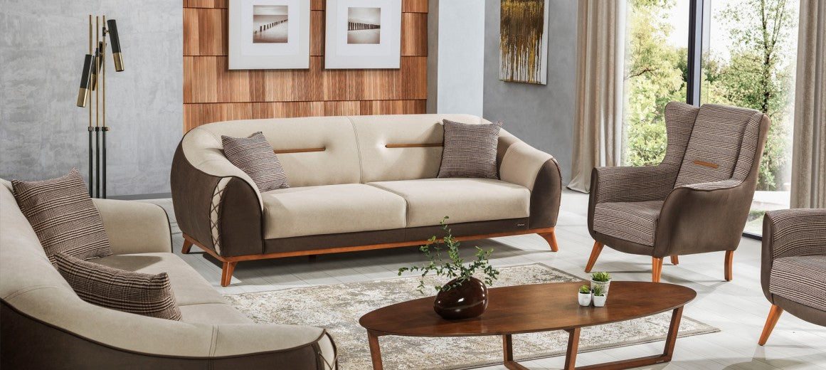 Canapé rembourré avec tissu, 3 places, avec fonction sommeil pour 1 personne Berlin Crème / Marron K1, l242xA106xH85 cm