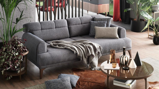 Canapé rembourré en tissu, 3 places, avec fonction sommeil pour 1 personne Madrid Gris, l231xA102xH80 cm