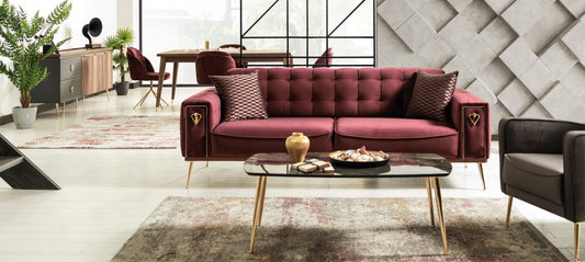 Canapé rembourré en tissu, 3 places, avec fonction sommeil pour 1 personne Pietro Burgundy K1, l226xA95xH84 cm