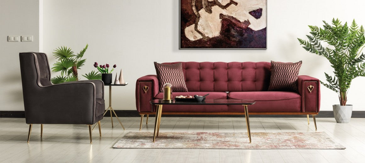 Canapé rembourré en tissu, 3 places, avec fonction sommeil pour 1 personne Pietro Burgundy K1, l226xA95xH84 cm