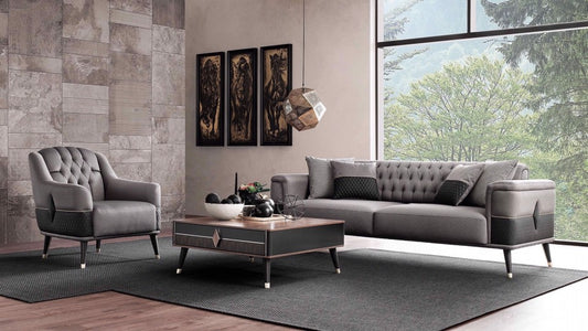 Canapé rembourré en tissu et cuir écologique, 3 places, avec fonction sommeil pour 1 personne Diamond Gris foncé / Noir, l227xA92xH78 cm