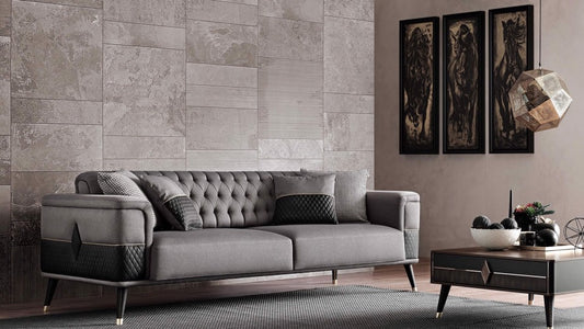 Canapé rembourré en tissu et cuir écologique, 3 places, avec fonction sommeil pour 1 personne Diamond Gris foncé / Noir, l227xA92xH78 cm