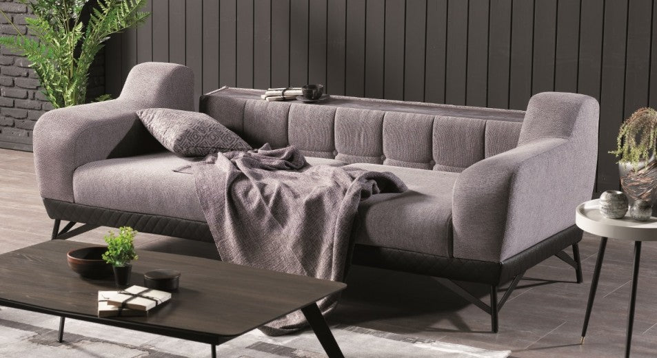 Canapé rembourré en tissu et cuir écologique, 3 places, avec fonction sommeil pour 1 personne Miranda GrisK1, l230xA96xH82 cm