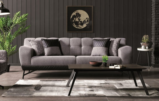 Canapé rembourré en tissu et cuir écologique, 3 places, avec fonction sommeil pour 1 personne Miranda GrisK1, l230xA96xH82 cm