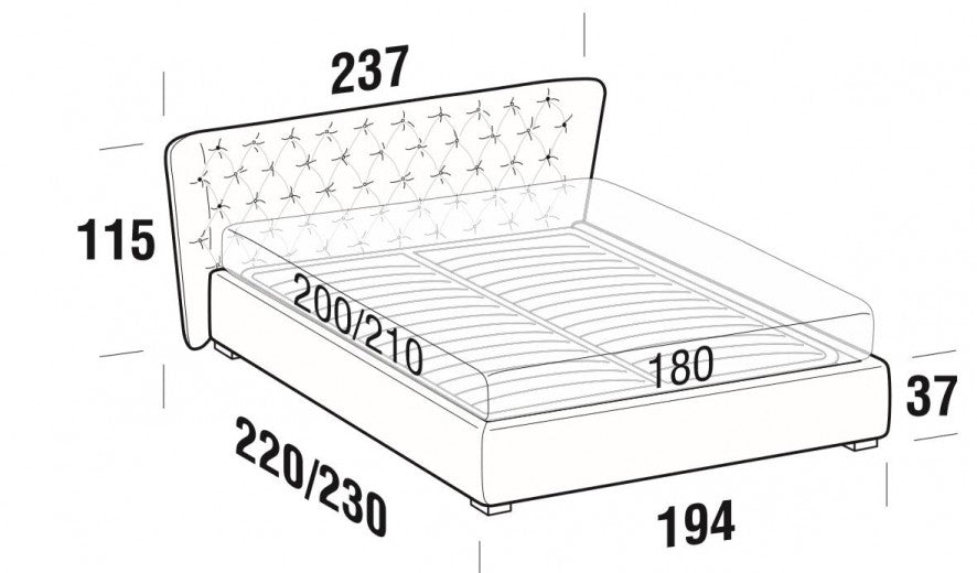 Lit avec matelas pliable et coffre de rangement, recouvert de tissu, Caravaggio Gris, 200 x 180 cm