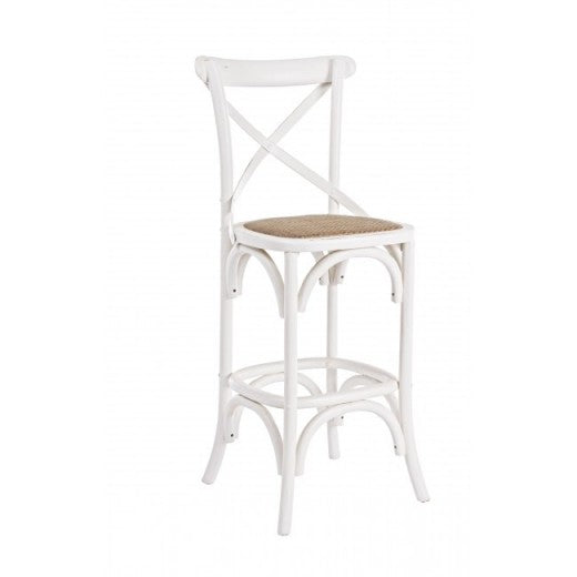 Tabouret de bar en bois d'orme avec assise en rotin Cross Blanc, l42xA46xH118 cm