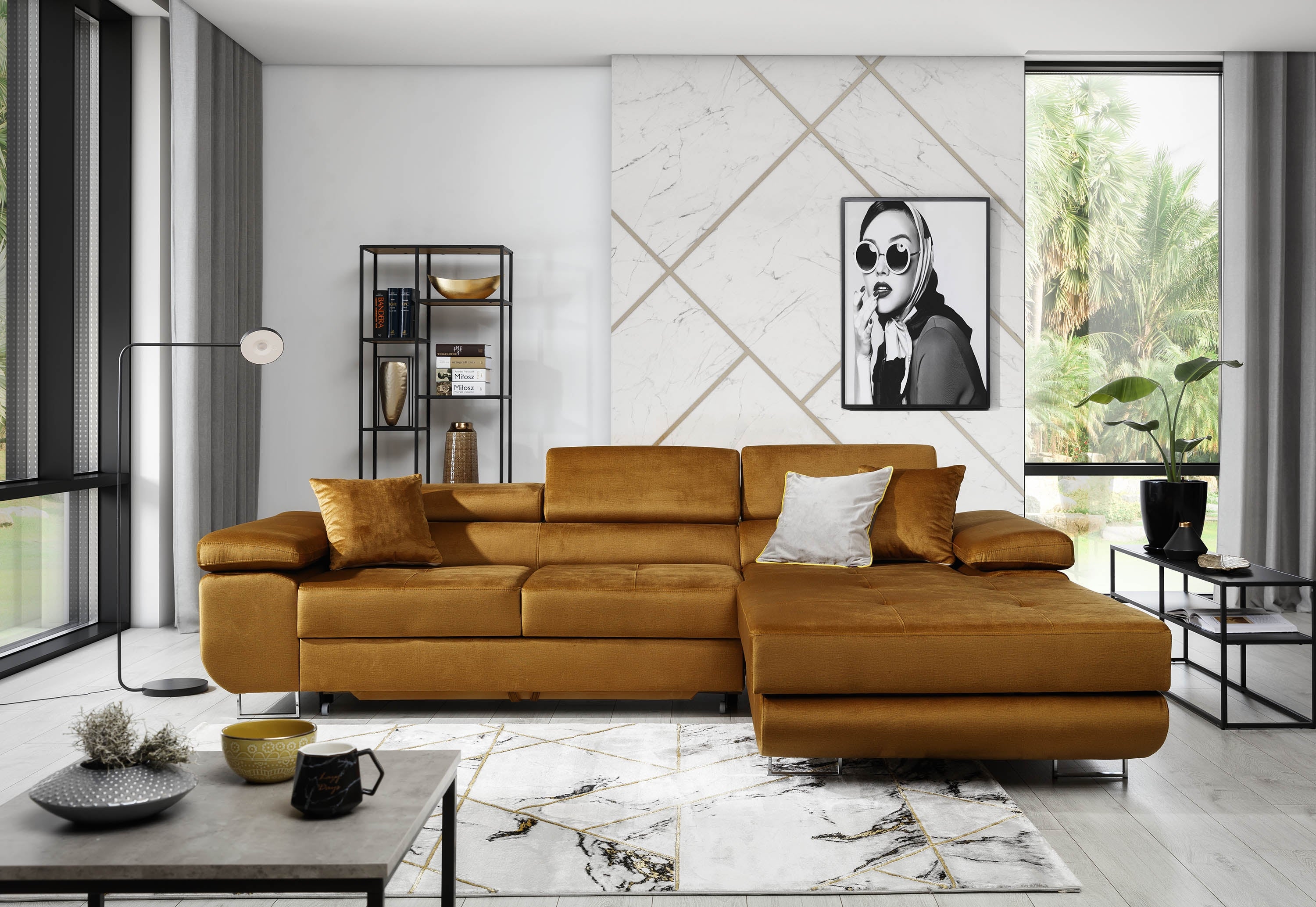 Coltar Extensibil Armandinio cu Lada de Depozitare, Sezlong pe Dreapta, Tetiere Reglabile, Perne Incluse, l280xA205xH70-90 cm