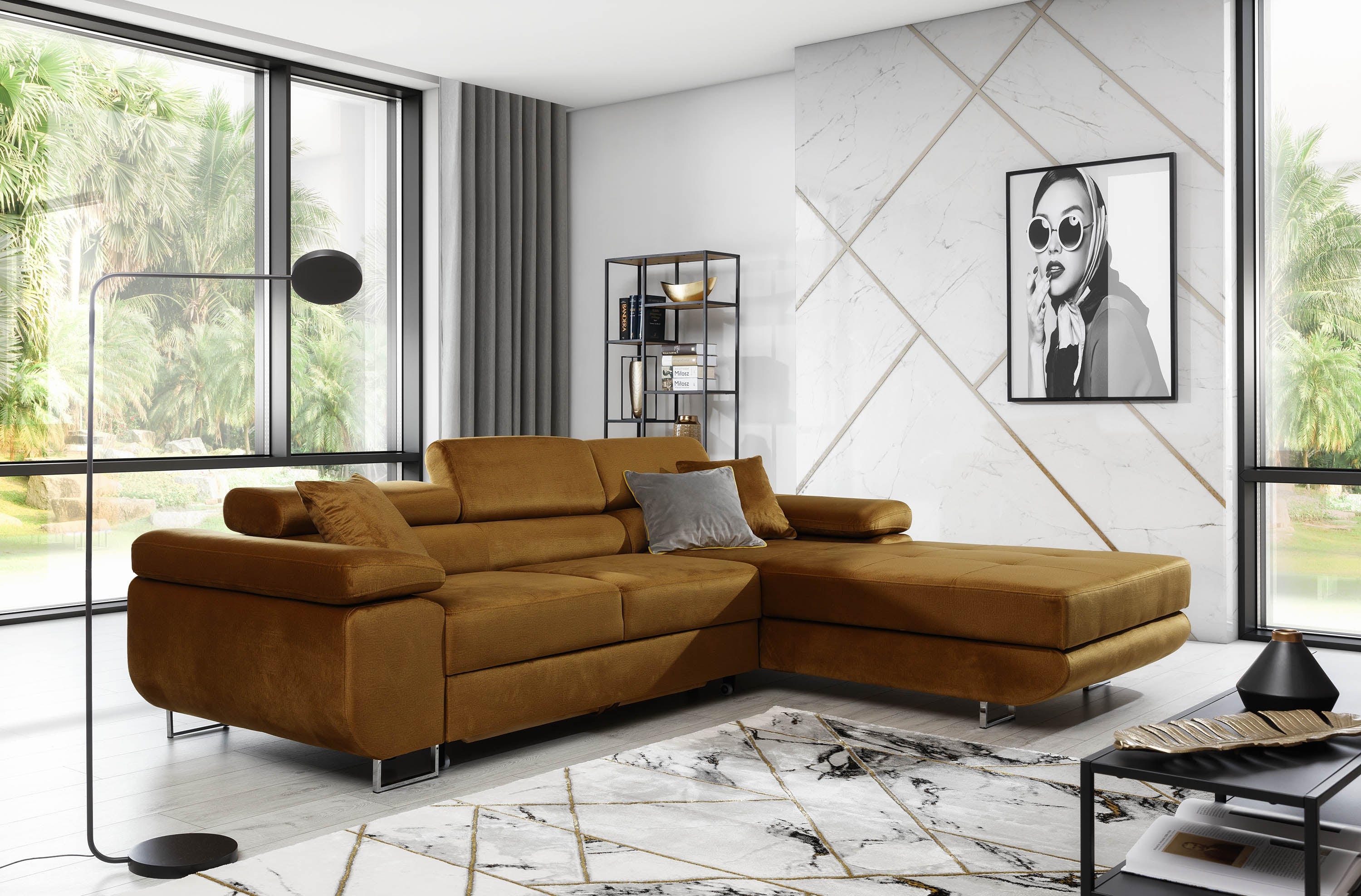 Coltar Extensibil Armandinio cu Lada de Depozitare, Sezlong pe Dreapta, Tetiere Reglabile, Perne Incluse, l280xA205xH70-90 cm (1)