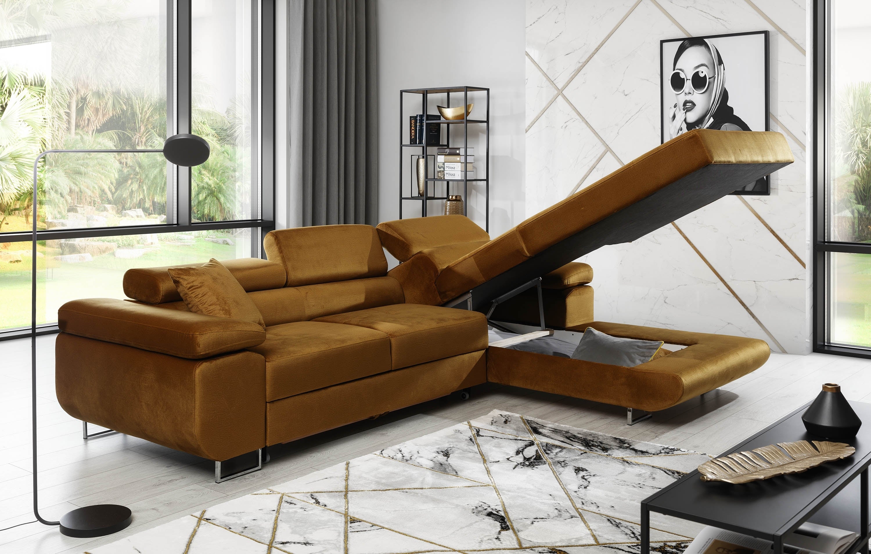 Coltar Extensibil Armandinio Duo cu Lada de Depozitare, Sezlong pe Dreapta, Tetiere Reglabile, Perne Incluse, l280xA205xH70-90 cm (2)