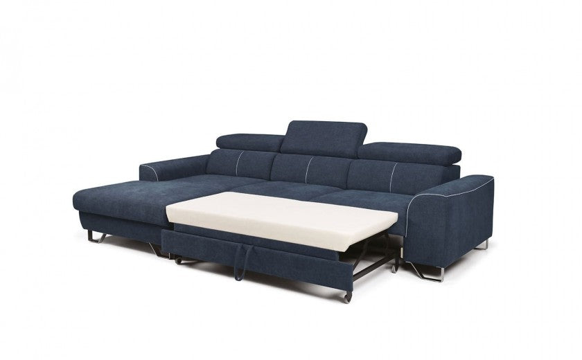 Canapé d'angle extensible avec coffre de rangement, avec bain de soleil à droite, tapissé de tissu, Asti Bleu marine, l280xA170xH77 cm
