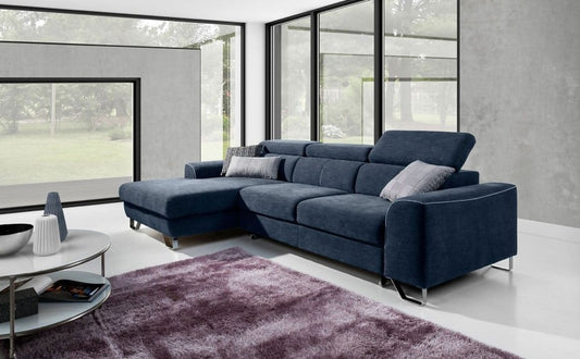 Canapé d'angle extensible avec coffre de rangement, avec bain de soleil à gauche, tapissé de tissu, Asti Bleu marine, l280xA170xH77 cm