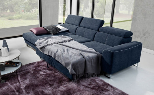 Canapé d'angle extensible avec coffre de rangement, avec bain de soleil à droite, tapissé de tissu, Asti Bleu marine, l280xA170xH77 cm