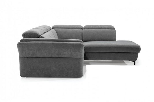 Canapé d'angle extensible avec coffre de rangement, avec bain de soleil à droite, recouvert de tissu, Merano, Gris, l245xA224xH80 cm