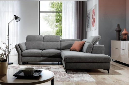 Canapé d'angle extensible avec coffre de rangement, avec bain de soleil à droite, recouvert de tissu, Merano, Gris, l245xA224xH80 cm