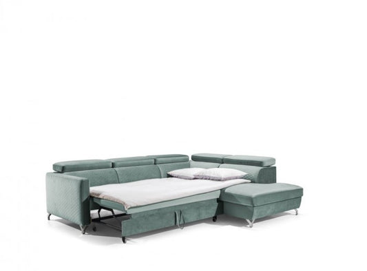 Canapé d'angle extensibile avec coffre de rangement, avec bain de soleil à droite, recouvert de tissu Honey Marozzo Vert, l265xA220xH95 cm