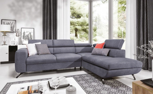 Canapé d'angle extensible avec coffre de rangement, avec bain de soleil à droite, recouvert de tissu, Aratta, Gris, l275xA225xH76 cm