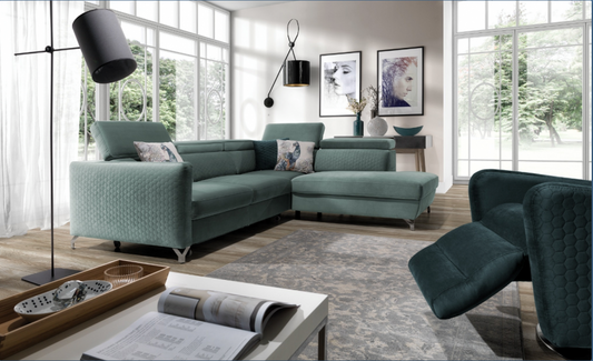 Canapé d'angle extensibile avec coffre de rangement, avec bain de soleil à droite, recouvert de tissu Honey Marozzo Vert, l265xA220xH95 cm