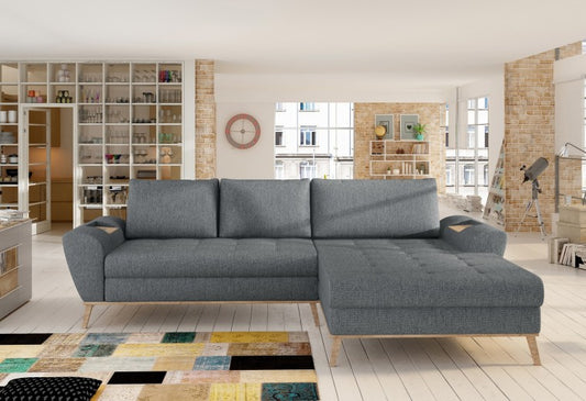 Canapé d'angle extensible avec coffre de rangement, avec bain de soleil à droite, revêtu de tissu Nubo Anthracite, l282xA175xH86 cm